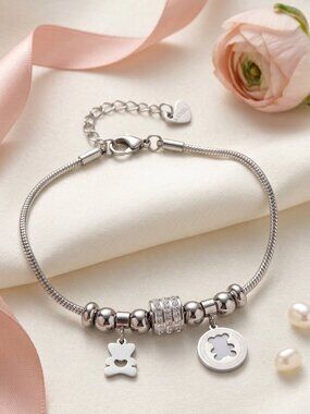 18K White Gold Plated Bear Charm Bracelet Rhinestone Beads Coquette Y2K 8.5"